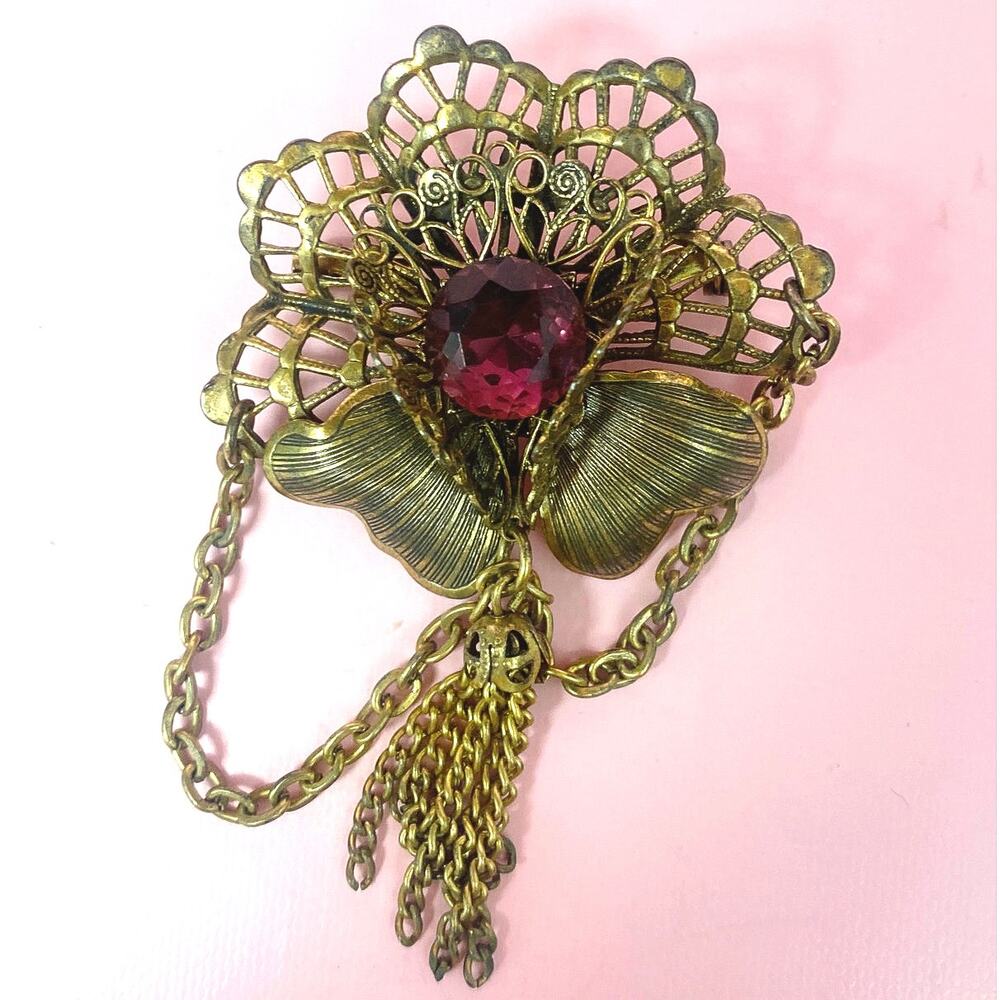 Vintage Art Deco Brooch – Czech Velvet Glass Stone – Filigree Germany Style